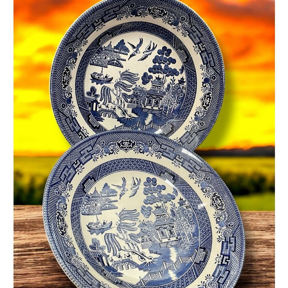Churchill Blue Willow Bowls 8” Staffordshire England Soup Cereal Vintage Set x2